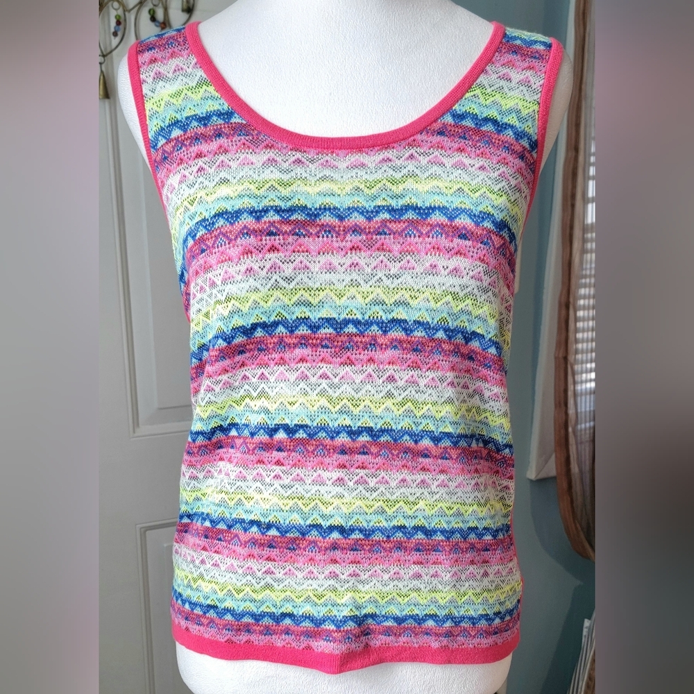 Magaschoni Y2K Multicolor Chevron Stripe Knit Tank w Pink Trim Womens XS Vibrant
